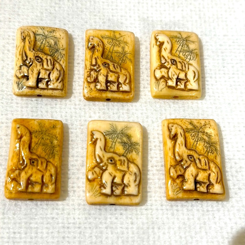 Six hand carved bone elephants square beads hole top and bottom